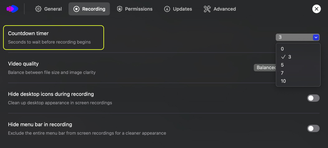 Countdown recording settings